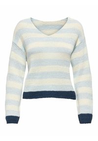 Gestreepte trui in lichtblauw en crème, met een V-hals en marineblauwe zoom. Gebreide textuur, lange mouwen en een ontspannen pasvorm.