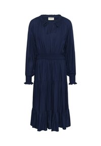 Tums zilas krāsas kleita ar garām piedurknēm, volānu aprocēm, smock�ētu jostasvietu, vairākos līmeņos veidotu svārku un apaļu kakla izgriezumu ar saišu detaļu.