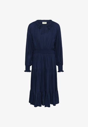 Rochie lungă bleu marin, cu mâneci lungi, cu volane la manșete, talie elastică, fustă în straturi și decolteu rotund cu detaliu de legare.