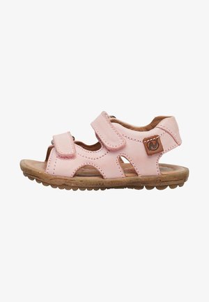 Roze leren sandalen met twee verstelbare klittenbandsluitingen, open zijkanten en een gestructureerde rubberen zool met een lichtbruin accentlogo.