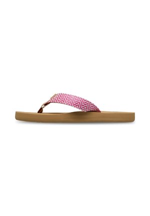 Roze en wit patroon slippers met een gestructureerde band en een bruine gevormde zool. Heeft een teenriemontwerp voor gemakkelijk aan- en uittrekken.