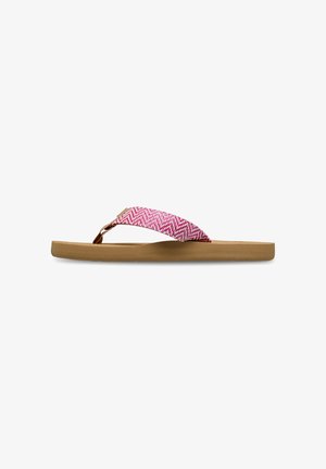 Rosa-weiß gemusterte Flip-Flop-Sandale mit strukturiertem Riemen und brauner geformter Sohle. Verfügt über ein Zehensteg-Design für einfaches An- und Ausziehen.