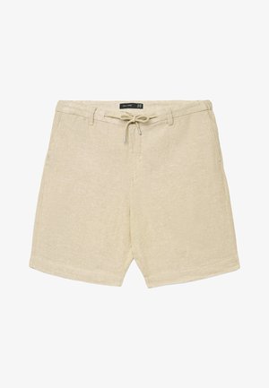 Beige Freizeitshorts mit Fronttaschen und Tunnelzugbund, gefertigt aus einem strukturierten, leichten Stoff.