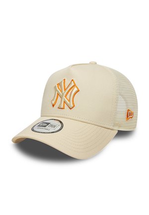Beige New Era adjustable baseball cap with orange-outlined NY logo on front and orange brand logo on mesh back panel.