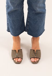 Chanclas beige con parte superior trenzada, diseño en forma de V, ribete negro y punta abierta. Superficie texturizada y suela plana.