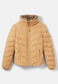 Veste matelassée marron clair avec une fermeture éclair à l'avant, deux poches latérales et une doublure douce et pelucheuse au col montant.