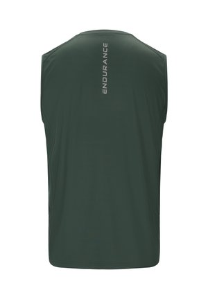 Tummanvihreä hihaton urheilupaita, jossa "ENDURANCE" on painettu pystysuoraan vaaleanharmaalla yläselkään.
