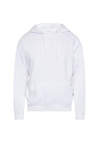 Biała bawełniana bluza z kapturem, z kieszenią kangurką, sznurkiem do ściągania, ściągaczami przy rękawach i u dołu. Prosty, jednolity design bez zdobień czy wzorów.