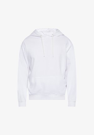 White cotton hoodie with a kangaroo pocket, drawstring hood, ribbed cuffs, and hem. Simple, solid design without embellishments or patterns.