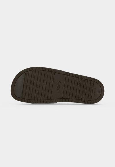 Semelle en caoutchouc d'une chaussure noire avec des lignes d'adhérence horizontales et ""BOSS"" embossé au centre, présenté sur un fond blanc uni.