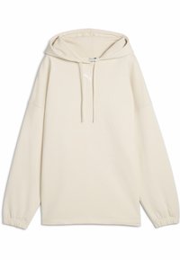 Krémová mikina s kapucí vyrobená z měkkého materiálu. Obsahuje přední klokanku, elastické manžety a malé bílé logo na hrudi.