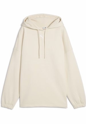Cream-colored hooded sweatshirt made of soft fabric. Features a front kangaroo pocket, elastic cuffs, and a small white logo on the chest.