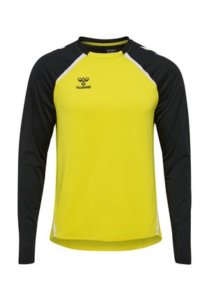 Langermige sportshirt met een felgele romp, zwarte mouwen, witte accenten en een logo op de borst. Gemaakt van lichtgewicht stof.
