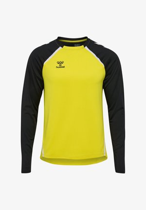 Langermige sportshirt met een felgele romp, zwarte mouwen, witte accenten en een logo op de borst. Gemaakt van lichtgewicht stof.