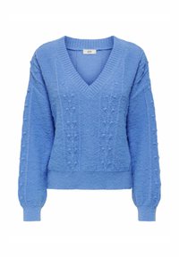 Blauwe v-hals trui met textuurpatronen, lange mouwen en aansluitende manchetten. Gemaakt van een zacht, pluizig materiaal met een relaxte pasvorm.