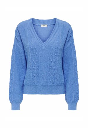 Pull bleu à col en V avec des motifs texturés, manches longues et poignets ajustés. Fabriqué à partir d'un matériau doux et duveteux avec une coupe décontractée.