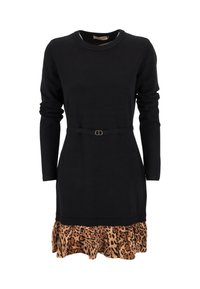 Abito lungo nero con maniche lunghe e corpino aderente, caratterizzato da un orlo arricciato con stampa leopardo e una cintura sottile in vita. Texture liscia.