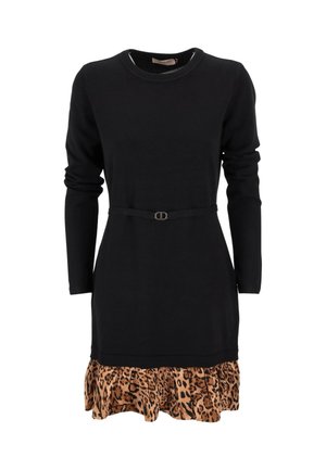 Abito lungo nero con maniche lunghe e corpino aderente, caratterizzato da un orlo arricciato con stampa leopardo e una cintura sottile in vita. Texture liscia.