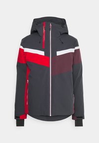 Giacca nera, rossa e bianca con zip frontale, cappuccio regolabile e design a blocchi di colore geometrico. Presenta tasche con zip e polsini aderenti.