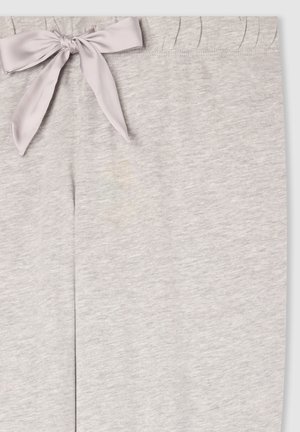 Pantaloni tuta grigi chiari con una consistenza morbida, dotati di un fiocco in seta in vita e una cintura elastica per una vestibilità regolabile.