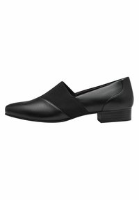 Čierne kožené nazúvacie topánky s elegantným tvarom, s textilným pásom cez vrch a nízkym blokovým podpätkom. Hladký povrch.