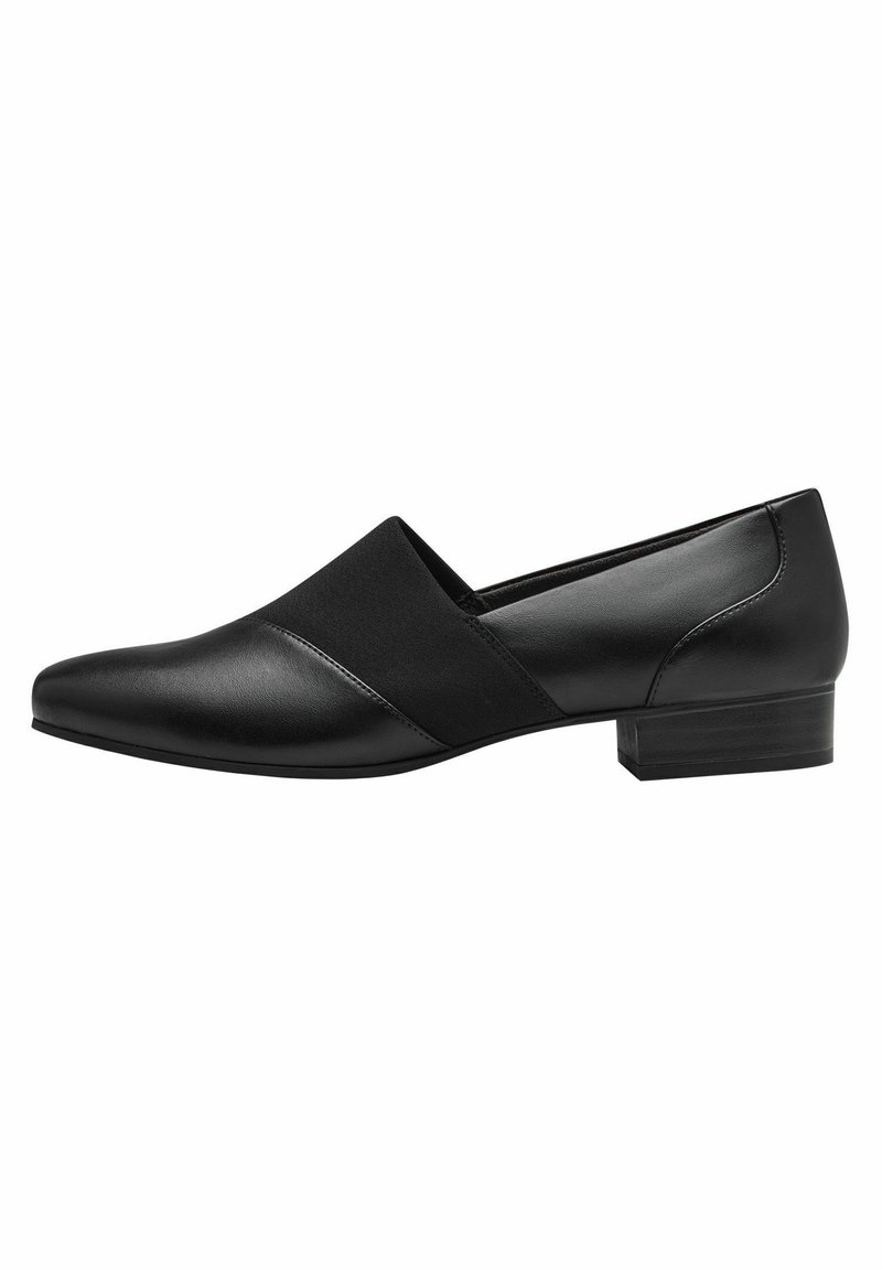 Čierne kožené nazúvacie topánky s elegantným tvarom, s textilným pásom cez vrch a nízkym blokovým podpätkom. Hladký povrch.