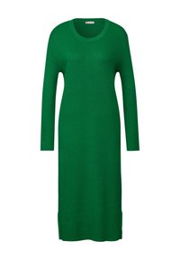 Vestito verde a costine con maniche lunghe e scollo rotondo, con fessure laterali all'orlo per facilitare i movimenti.