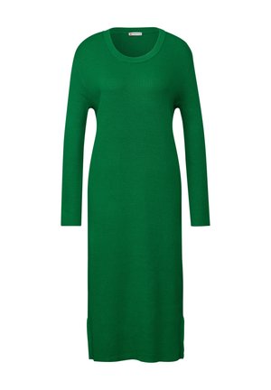 Groene geribde gebreide jurk met lange mouwen en een ronde halslijn, met zijsplitten aan de zoom voor gemakkelijke beweging.