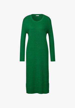 Groene geribde gebreide jurk met lange mouwen en een ronde halslijn, met zijsplitten aan de zoom voor gemakkelijke beweging.