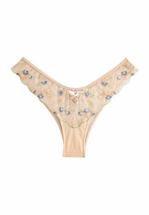 Peach-colored thong with floral embroidery, scalloped lace trim, and crisscross straps at the back. Lightweight and delicate design.