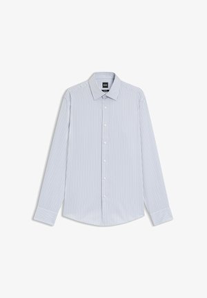 Lichtblauw gestreept overhemd met een button-down kraag, lange mouwen en een afgeronde zoom. Gemaakt van soepel, zacht materiaal.