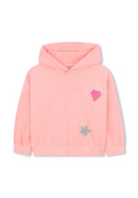Felpa rosa a coste con cappuccio e coulisse, caratterizzata da due toppe decorative: una forma rosa e una stella argento, realizzate in morbido tessuto.