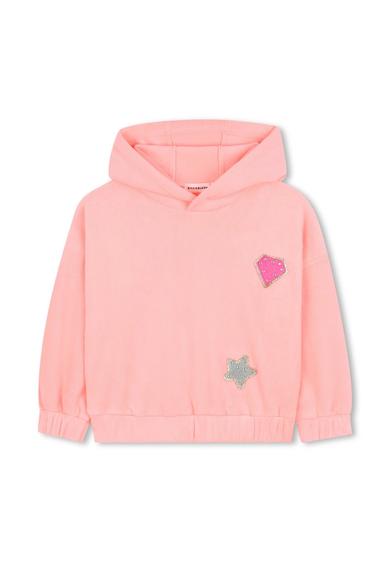 Felpa rosa a coste con cappuccio e coulisse, caratterizzata da due toppe decorative: una forma rosa e una stella argento, realizzate in morbido tessuto.