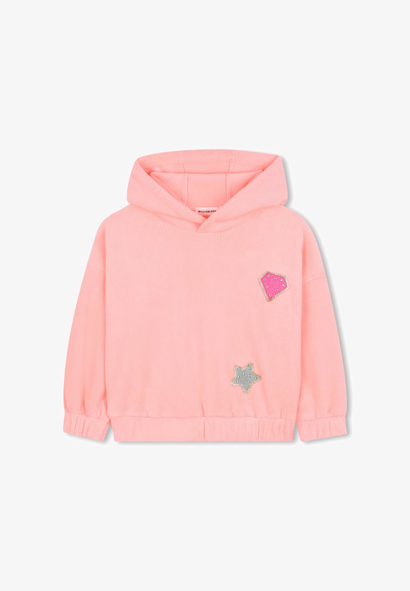 Rosa ribbet hettegenser med snor, med to dekorative lapper: en rosa form og en sølvstjerne, laget av mykt stoff.