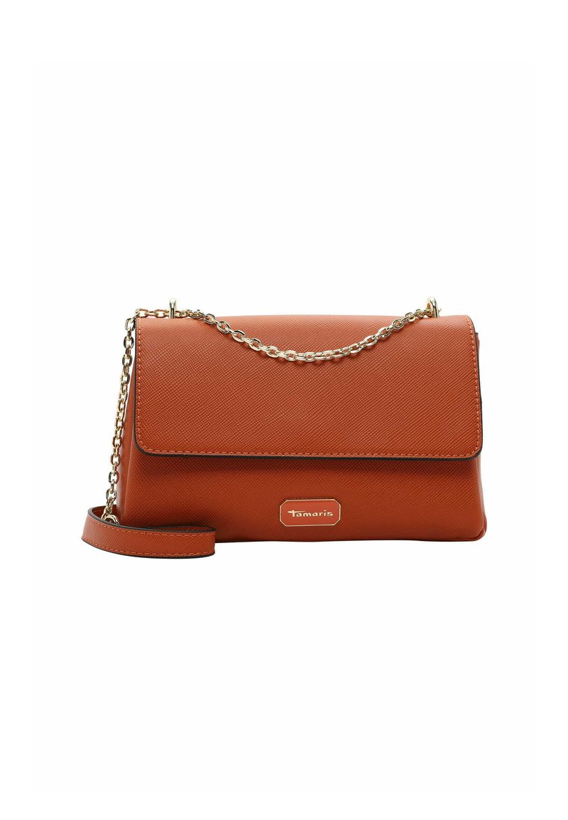 Brown textured faux leather crossbody bag with a gold chain strap and logo detail on the front, featuring a flap closure.