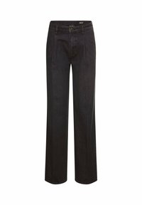 Czarne dżinsowe spodnie o szerokich nogawkach z wysokim stanem, zapinane na guziki z przodu, wyposażone w szlufki na pasek. Gładka faktura z subtelnymi detalami szwów.