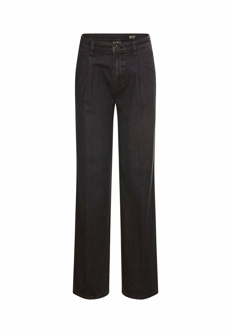 Czarne dżinsowe spodnie o szerokich nogawkach z wysokim stanem, zapinane na guziki z przodu, wyposażone w szlufki na pasek. Gładka faktura z subtelnymi detalami szwów.