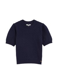 Tumesinine kootud lühikeste varrukatega kampsun, millel on rombikujuline muster, soonik lõpetus kaelas ja vöös. Peen logo aktsent allääres.