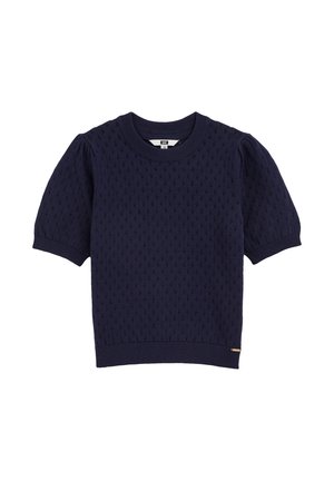 Navy blue knitted short-sleeve sweater with a diamond pattern, ribbed crew neckline, and waistband. Subtle logo accent on the hem.