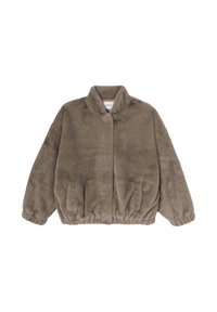 Veste en fausse fourrure marron, douce et pelucheuse, avec un col montant, des poignets élastiqués et deux poches avant ; légèrement courte, avec une texture douce.