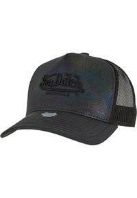 Black camo trucker cap with a textured front panel, mesh sides, and a curved brim. Features an embossed "Von Dutch" logo on the front.
