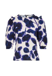 Bloemmotief top in wit en marineblauw, met pofmouwen, een ronde halslijn en een rits aan de achterkant. Zachte stof met een gladde textuur.