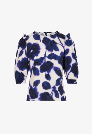 Bloemmotief top in wit en marineblauw, met pofmouwen, een ronde halslijn en een rits aan de achterkant. Zachte stof met een gladde textuur.