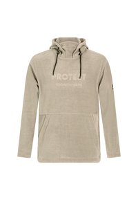 Lichtbeige fleece hoodie met een hoge nek, trekkoord, grote frontzak en het logo-tekst "PROTECT SNOWCHASERS." Zachte textuur. Lange mouwen.
