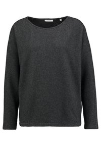Szary sweter z okrągłym dekoltem, długimi rękawami i teksturowaną tkaniną. Wzór obejmuje prążkowany splot i luźny krój zapewniający wygodę.