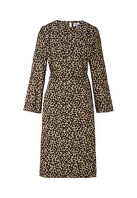 Langärmliges Midi-Kleid mit olivgrünem und schwarzem Leopardenmuster, Rundhalsausschnitt und leichter Taillierung.