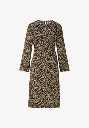 Langarm midi-jurk met olijfgroen en zwart luipaardprint, ronde halslijn en een lichte tailleaccentuering.