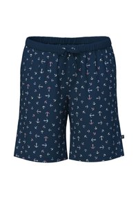 Donkerblauwe zwembroek met een elastische tailleband en een trekkoord, met een patroon van meerkleurige ankers over het hele oppervlak.