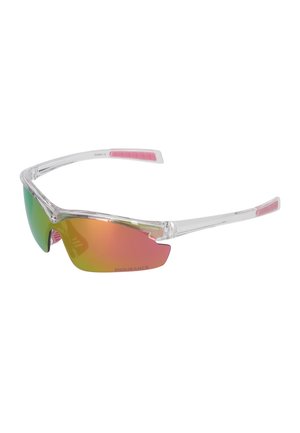 Sportsolbriller med klart stel, rosa gummigreb på stængerne og grøn-orange spejlbelagte wrap-around linser med mærket "Endurance".
