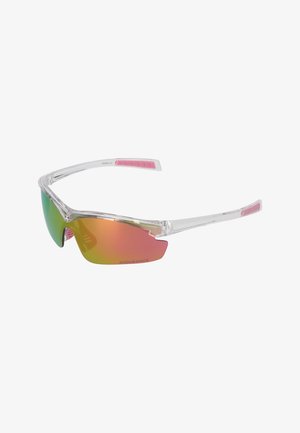 Sport-Sonnenbrille mit klarem Rahmen, pinken Gummigriffen an den Bügeln und grün-orangen verspiegelten Wrap-around-Gläsern mit der Beschriftung "Endurance".